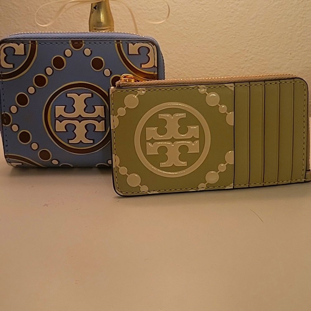 Tory Burch t monogram embossed wallets  small wallet and card case  blue cream